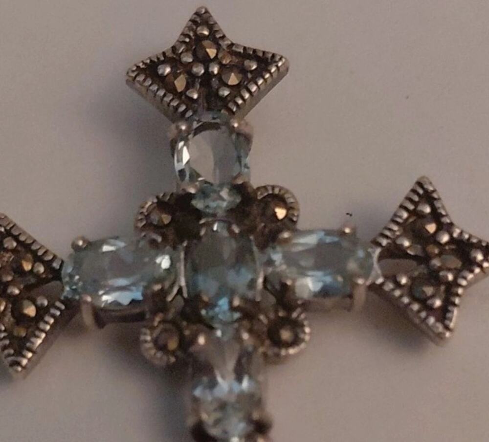 OBJ Vintage 925 Silver Aquamarine and Marcasite Cross Pendant.